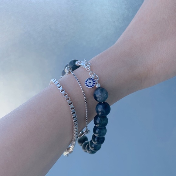 Grey Labradorite Sterling Silver Evil Eye Charm - Picture 7 of 8